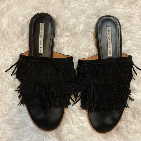 & Other Stories Black Leather Fringe Slip On Sandals - Picture 2 of 9